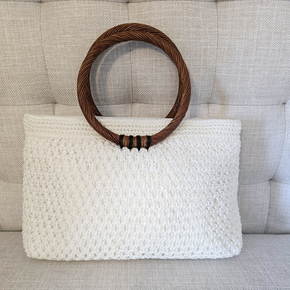 Chic Crochet Top Handle Bag with Wooden Accent